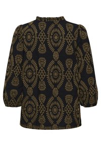 Svart blus med intrikata guldstickningar som visar blommiga och geometriska mönster. Mjuk tyg med puffärmar och rund halsringning.