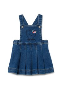 Abito in denim con salopette, gonna plissettata, di colore blu scuro. Presenta un ricamo di orso con dettagli floreali sul bavaglino e chiusure a pressione in metallo.