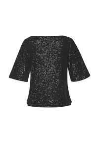 Top nero a maniche corte con una vestibilità ampia, caratterizzato da una superficie testurizzata coperta di paillettes scintillanti, con un ampio scollo quadrato.
