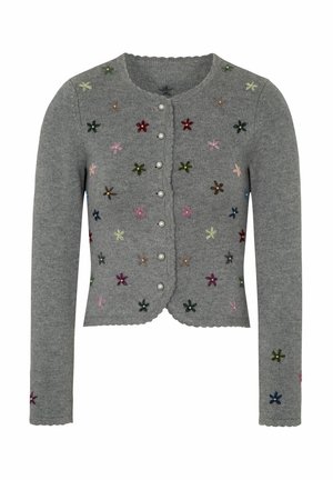 Gray cardigan with a round neckline, scalloped edges, pearl buttons, and colorful floral embroidery scattered across the fabric.