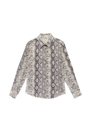 Overhemd met lange mouwen en knopen, met een grijs-zwart slangenhuidpatroon en een puntige kraag, platliggend op een witte achtergrond.