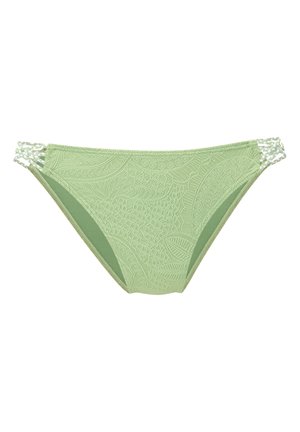 Light green bikini bottom with textured paisley pattern and braided side straps on white background.