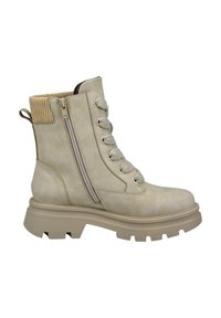 Beiger Leder-Stiefelette mit einem strukturierten, hellbraunen Strickkragen, Reißverschluss, runder Spitze und klobiger Gummisohle. Mit Schnürdesign.