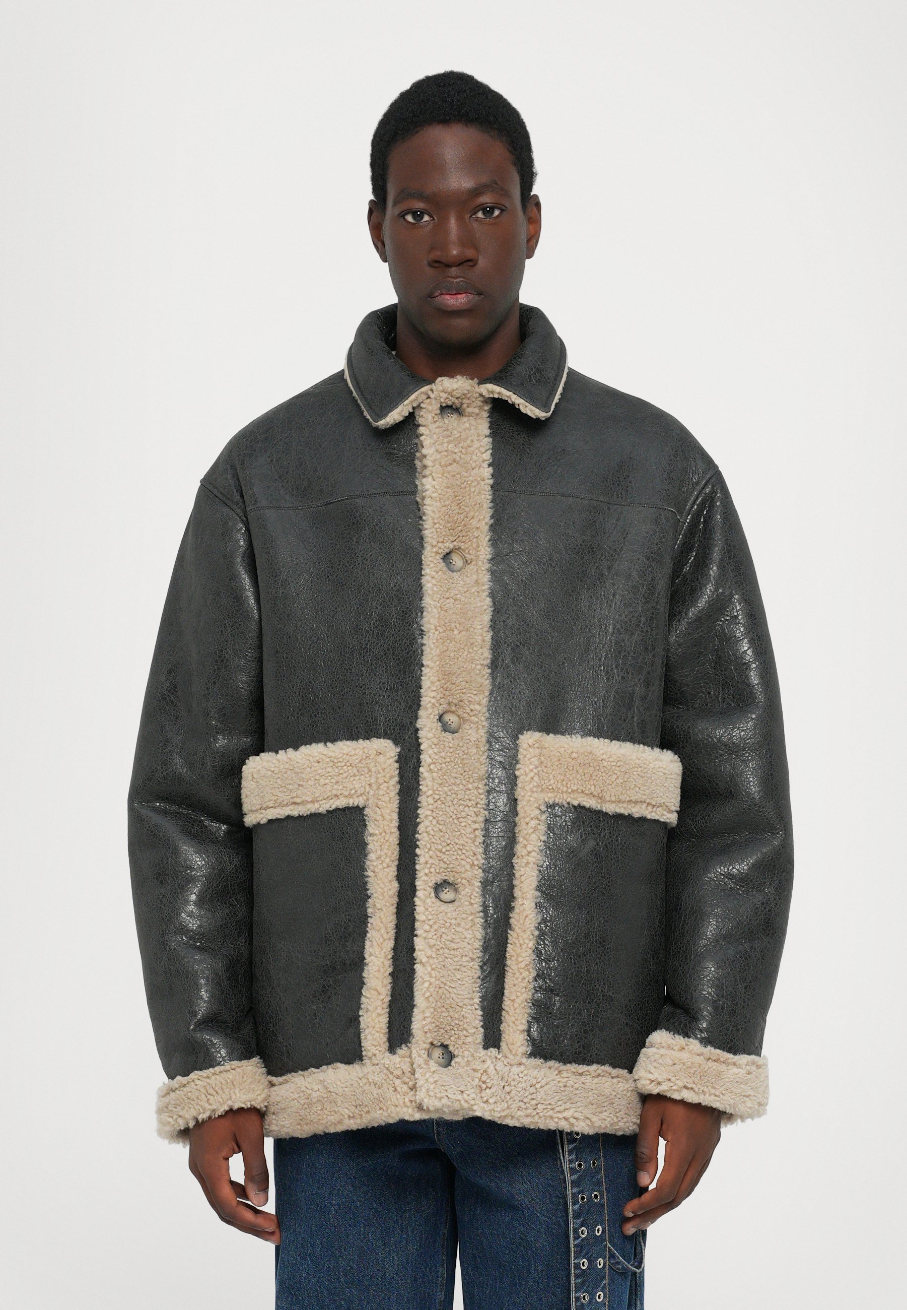 MM6 Maison Margiela SPORTSJACKET - Leather jacket - beige/black