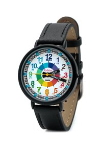 Montre ronde en quartz avec bracelet en cuir noir ; cadran blanc présentant des chiffres colorés, un motif circulaire et une aiguille des heures jaune distinctive.