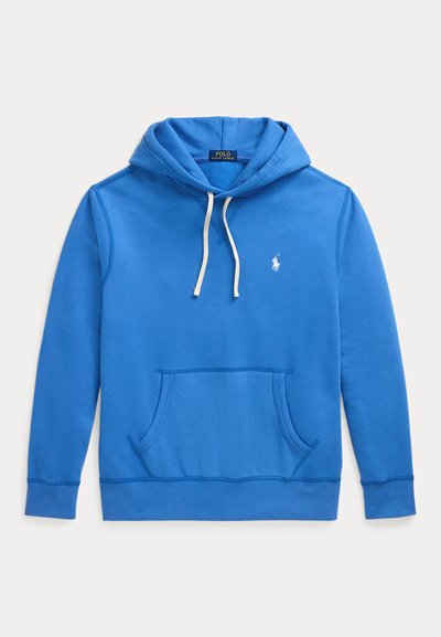 Sweat à capuche bleu avec cordons blancs, poche avant et petit logo blanc Polo Ralph Lauren sur la poitrine gauche.