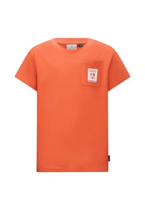 Oranges Baumwoll-T-Shirt mit Rundhalsausschnitt, kurzen Ärmeln und einer Brusttasche mit weißem Aufdruck "Tropical Endless Summer".