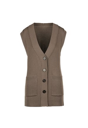 Geribbelde, mouwloze bodywarmer in bruin, met een V-hals, vijf knopen en twee zakken aan de voorkant. De gestructureerde stof zorgt voor een gezellige uitstraling.