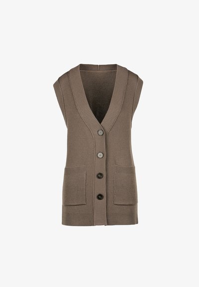 Rebrasti, bezrukavni prsluk u smeđoj boji, s V-izrezom, pet dugmadi i dva prednja džepa. Tekstura tkanine pruža udoban izgled.