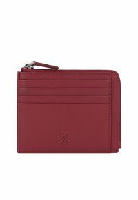 Red leather wallet featuring a zip closure, multiple card slots on one side, and subtle embossed logo detail on the front.