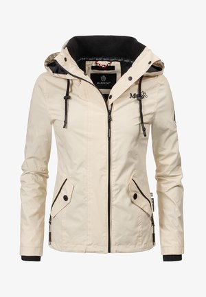 Veste à capuche beige avec cordons noirs, fermeture éclair frontale, poches à rabat boutonnées et doublure intérieure noire au col.