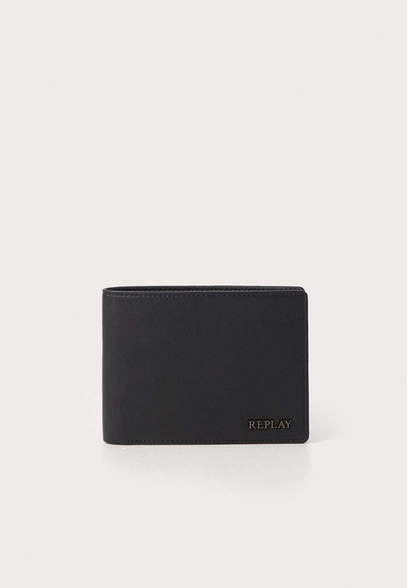 Black leather wallet with a smooth texture, bi-fold design, and embossed "REPLAY" logo on the front. Minimalist style with clean edges.