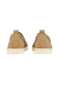 Zapatos de ante marrón con diseño perforado, suela de goma crema y detalle de costura. La vista trasera destaca la forma contorneada y las lengüetas de tiro.