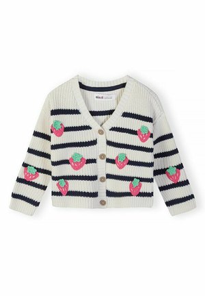 Cardigan tricoté rayé crème et marine avec boutons sur le devant et fraises roses brodées sur le devant et les manches, taille tout-petit.