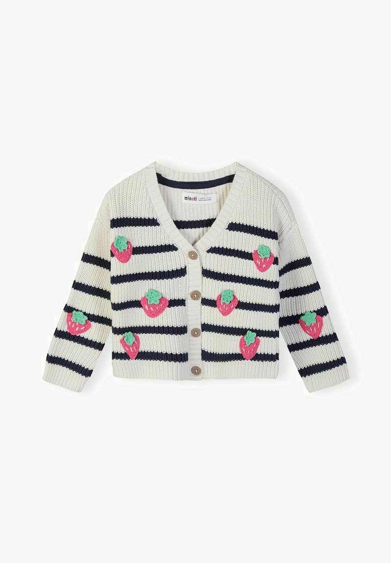 Pleteni cardigan z mango kremne in mornarsko modre črte, spredaj z gumbi ter obrobljen z rožnatimi jagodami na sprednji strani in rokavih, velikost za malčke.