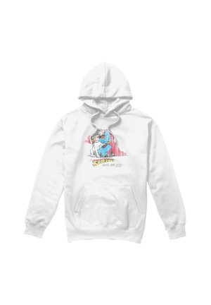 White hoodie with a colorful graphic of Superman kneeling and hugging a white dog with text "Superman and His Dog."