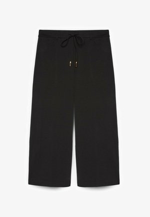 Pantaloni neri a gamba larga e corta con vita regolabile con coulisse e passanti per cintura, con terminali della coulisse in metallo.