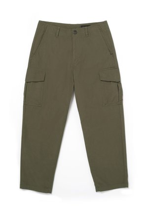 Pantalons cargo vert olive à coupe droite, en coton. Équipés de deux poches latérales et de deux poches cargo au niveau des cuisses.