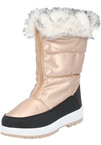 Metallisk guld pufferstövel med fuskpälskant, svart gummisula och dragkedja på sidan. Har en vadderad design för värme och komfort.