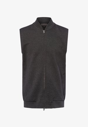 Sleeveless dark gray vest made of textured fabric. Features a high collar, a front zipper, and dual side zip pockets at the seams.