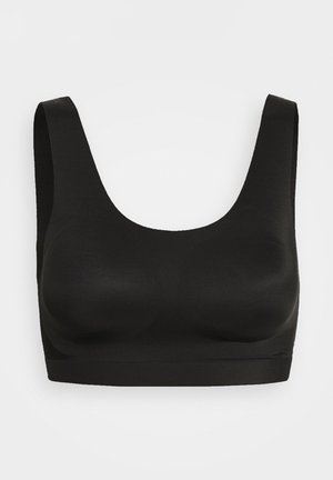 Čierna bezšvová športová podprsenka s širokými ramienkami a výstrihom do lodičky, navrhnutá pre pohodlie a podporu.