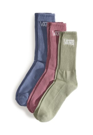 Tres pares de calcetines de tripulación en azul, morado y verde, con textura acanalada y el logo de Vans en blanco en los puños.