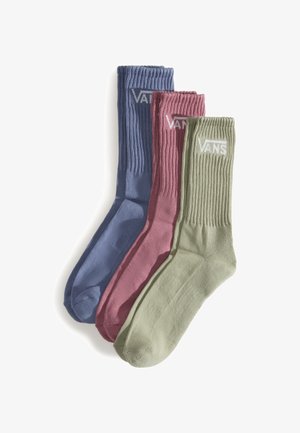 Tres pares de calcetines de tripulación en azul, morado y verde, con textura acanalada y el logo de Vans en blanco en los puños.