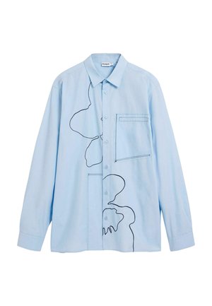Svetlomodrá košeľa na gombíky z bavlny, s čiernym abstraktným čiarkovaným vzorom a náprsným vreckom so šitým zdobením.