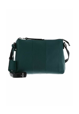Sac à bandoulière en cuir teal avec surface texturée, fermeture zippée et sangle noire amovible. Présente trois coutures verticales pour un détail de design supplémentaire.