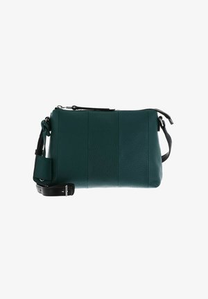 Sac à bandoulière en cuir teal avec surface texturée, fermeture zippée et sangle noire amovible. Présente trois coutures verticales pour un détail de design supplémentaire.
