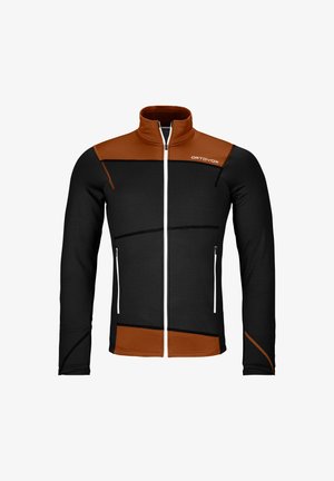 Schwarze und braune Zip-Jacke mit hohem Kragen, die über kontrastierende Einsätze, weiße Reißverschlüsse und ein tailliertes Design mit strukturiertem Finish verfügt.