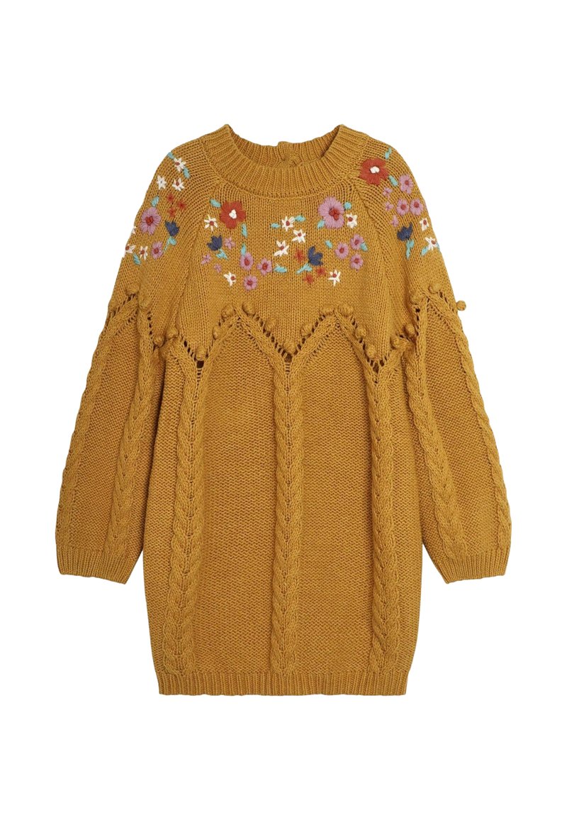 Senfgelbes, gestricktes Kleider mit Blumenstickerei am Ausschnitt und Zopfmuster. Verfügt über Puffärmel und eine lockere Passform.