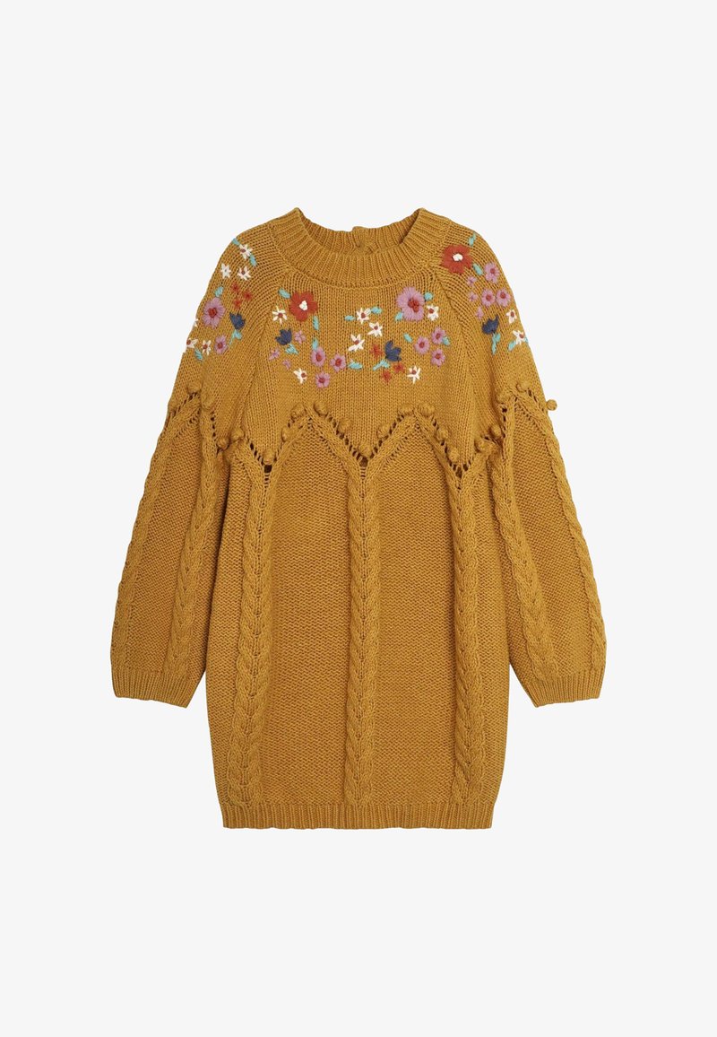 Mosterdgele gebreide sweater jurk met bloemenborduursel bij de hals en kabelgebreide textuur. Heeft gepofte mouwen en een relaxte pasvorm.