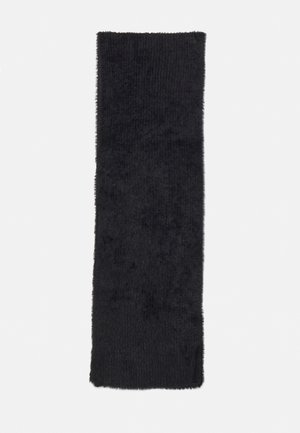 Black, soft, textured scarf with a subtle ribbed pattern, rectangular shape, and finished edges. Suitable for cold weather wear.