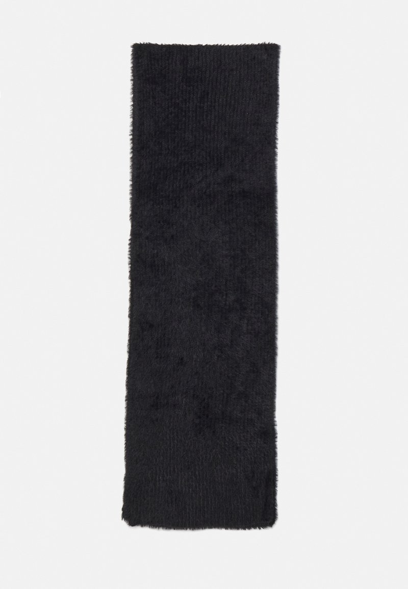 Écharpe noire, douce, à texture avec un motif en relief subtil, de forme rectangulaire et avec des bords finis. Convient pour les vêtements par temps froid.