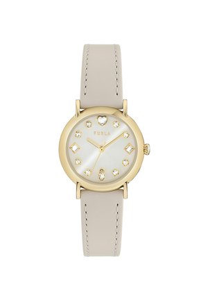 Arany színű kerek óra bézs bőrszíjjal, különböző formájú kristály órajelzőkkel és arany színű mutatókkal fehér számlapon, amelyen a "Furla" logó található.