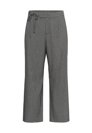 Gray, wide-leg trousers made from a textured fabric. Features a tie waist and subtle stripes running vertically. Front pockets are visible.