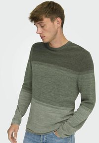 Groene gebreide langemouwen shirt met verschillende tinten, met een ronde halslijn en gestructureerde horizontale strepen over de borst en mouwen.