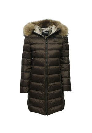 Cappotto puffo marrone con cappuccio foderato in pelliccia sintetica, chiusura con zip, maniche lunghe e motivo di trapuntatura orizzontale. Materiale esterno liscio e lucido.