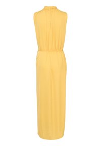 Robe longue jaune sans manches avec un col montant et une taille froncée, vue de dos avec une fermeture éclair au niveau du col.