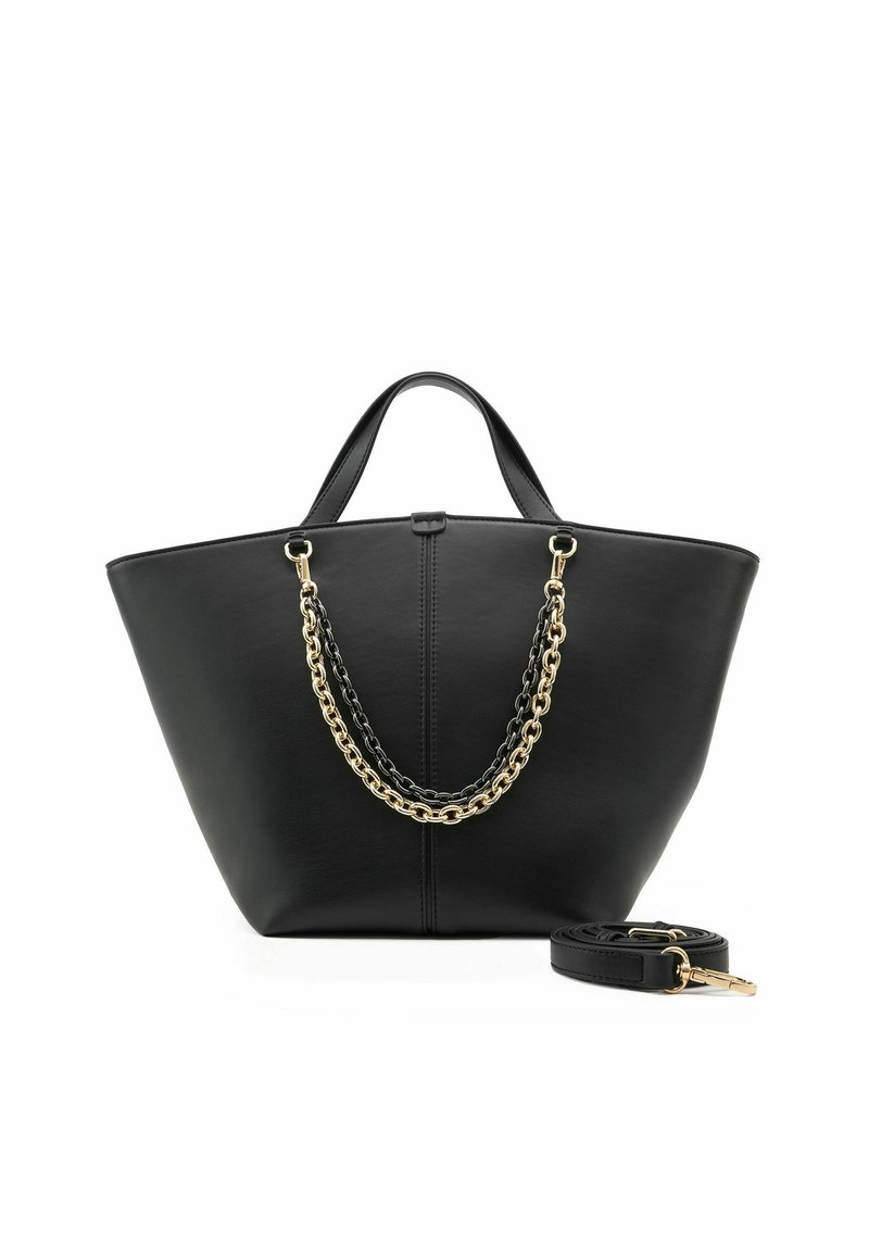 Borsa tote in pelle nera con una forma strutturata, caratterizzata da un dettaglio a catena oro e nero. Include una tracolla in pelle staccabile.