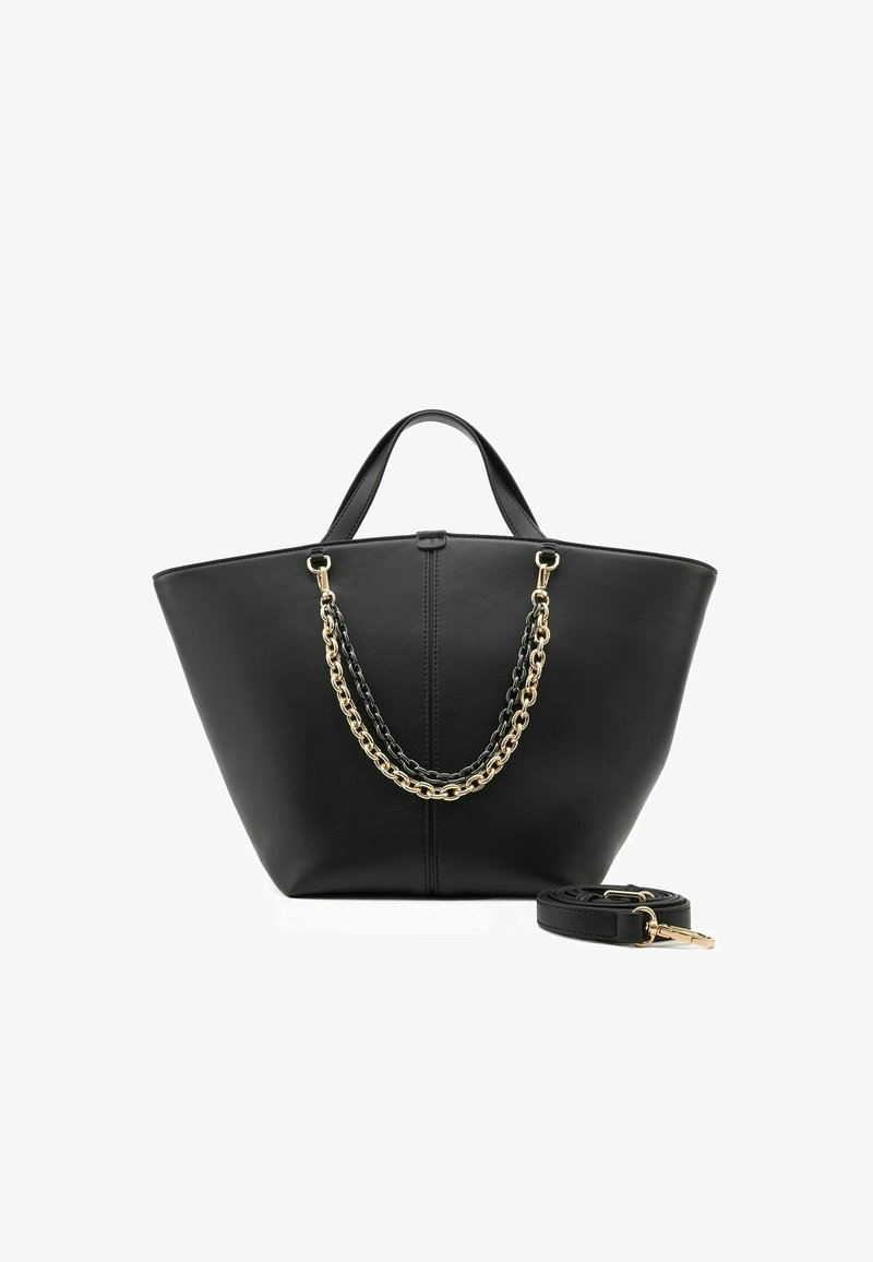 Borsa tote in pelle nera con una forma strutturata, caratterizzata da un dettaglio a catena oro e nero. Include una tracolla in pelle staccabile.