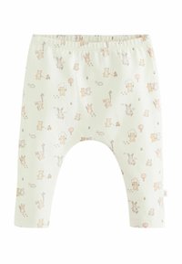 Pantalon blanc doux pour bébé avec une ceinture élastique, décoré de petites illustrations pastel d'ours, de lapins, d'arbres, de cerfs-volants et de nuages.