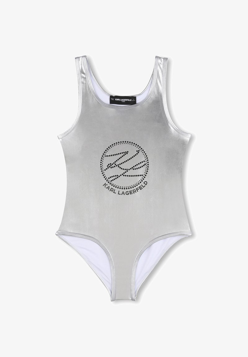 Maillot de bain une pièce sans manches argenté avec col rond et logo Karl Lagerfeld clouté noir sur le devant.