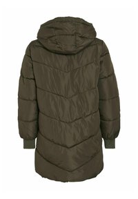 Olīvzaļš puff jakas ar kapuci, kurai ir ševronu-quilted dizains, elastīgas piedurknes un vidēja garuma siluets. Gluda, spīdīga tekstūra.