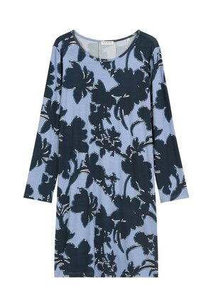 Blumenkleid in Hellblau mit dunkelblauem Blumenmuster. Verfügt über lange Ärmel und einen runden Ausschnitt, gefertigt aus weichem, leichtem Stoff.