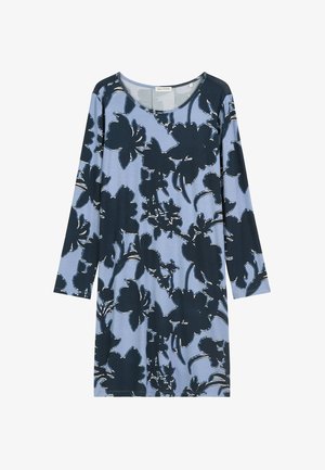 Kwiatowa sukienka w jasnoniebieskim kolorze z ciemnoniebieskim wzorem kwiatowym. Posiada długie rękawy i okrągły dekolt, wykonana z miękkiego, lekkiego materiału.