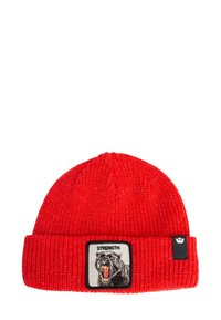 Berretto lavorato a maglia rosso con texture a coste, caratterizzato da una toppa di un pantera nera che ruggisce e la parola "FORZA" in lettere in grassetto.