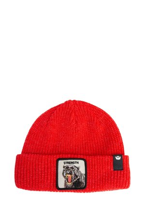 Berretto lavorato a maglia rosso con texture a coste, caratterizzato da una toppa di un pantera nera che ruggisce e la parola "FORZA" in lettere in grassetto.