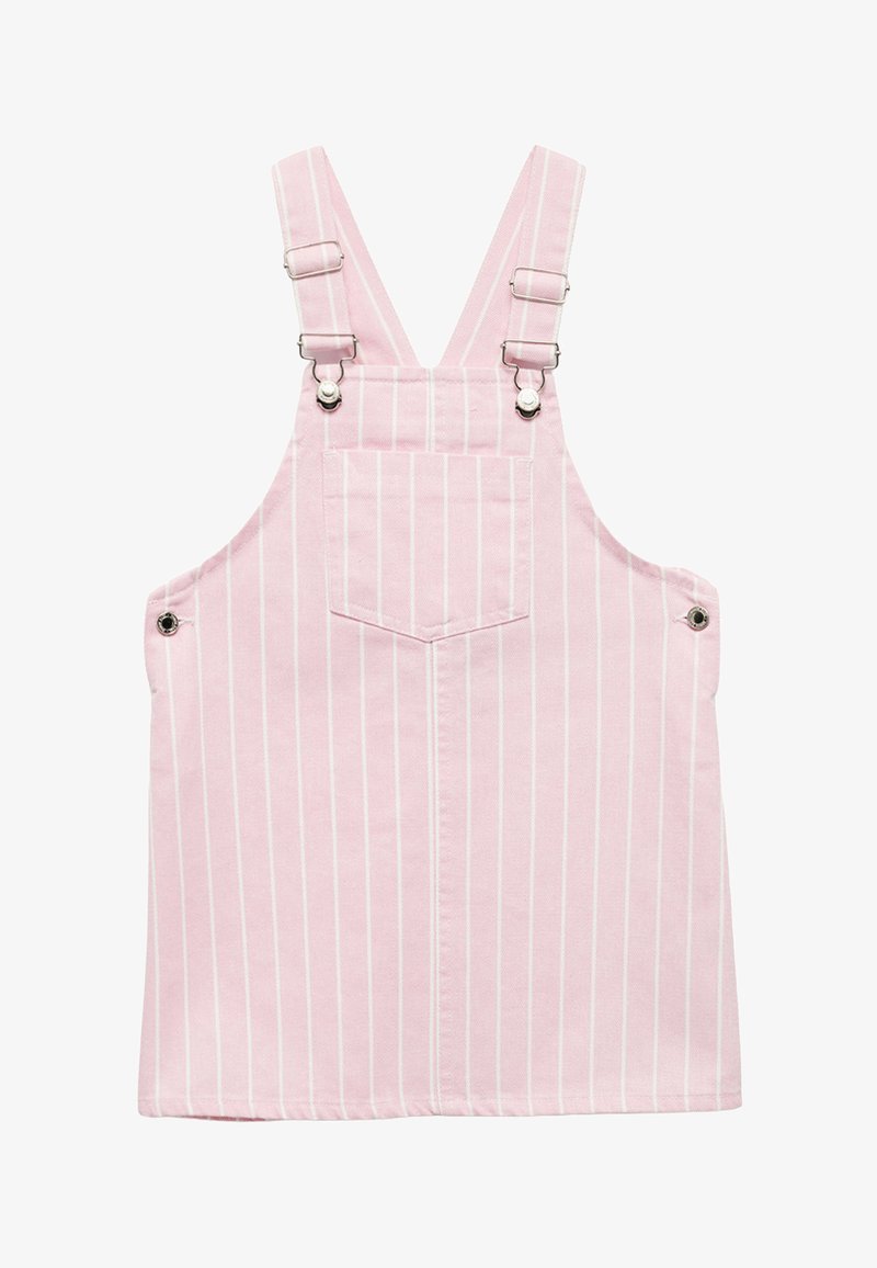 Lyserød stribet overallkjole lavet af bomuld, med justerbare skulderstropper, metalhardware og en forlomme.